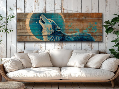Wood Wall Art - Mystical Wolf Howling on Full Moon Print on Natural Wood, Howling Wolf Painting, Native American Wall Decor, Rustic Wolf Art
