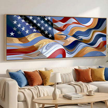 a large, colorful abstract painting of the American flag hanging on a wall above a white couch with colorful throw pillows.