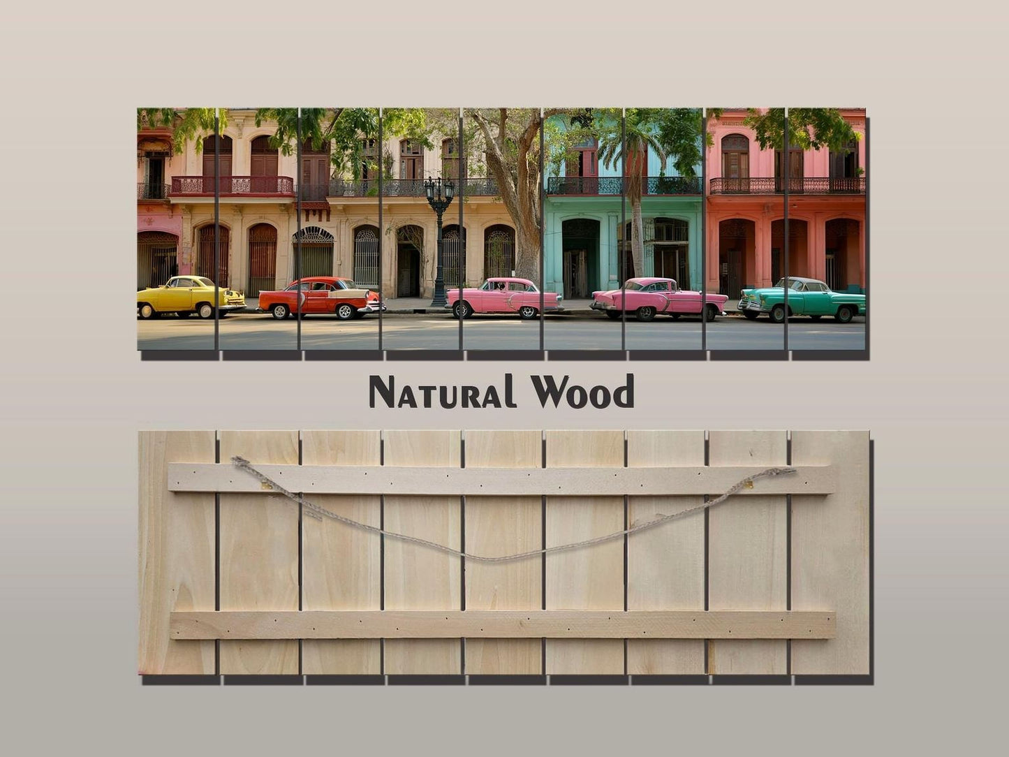 The image is a collage of two photos. The top photo shows a row of colorful cars parked on a street, while the bottom photo displays a wooden plank with a chain hanging from it.