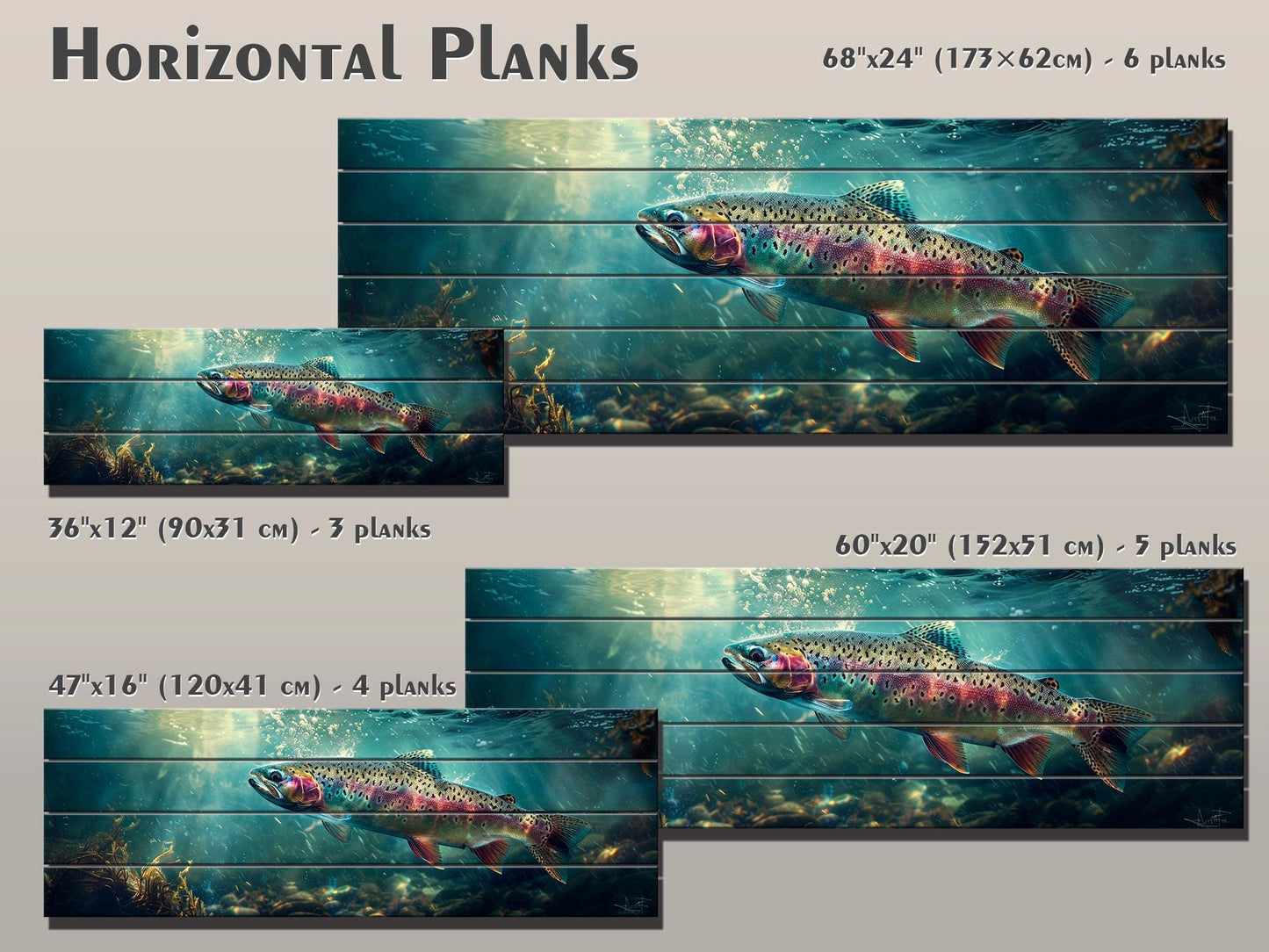 Rainbow Trout Wall Art – Wooden Wall Decor | Abstract Fish Poster on Wood Planks