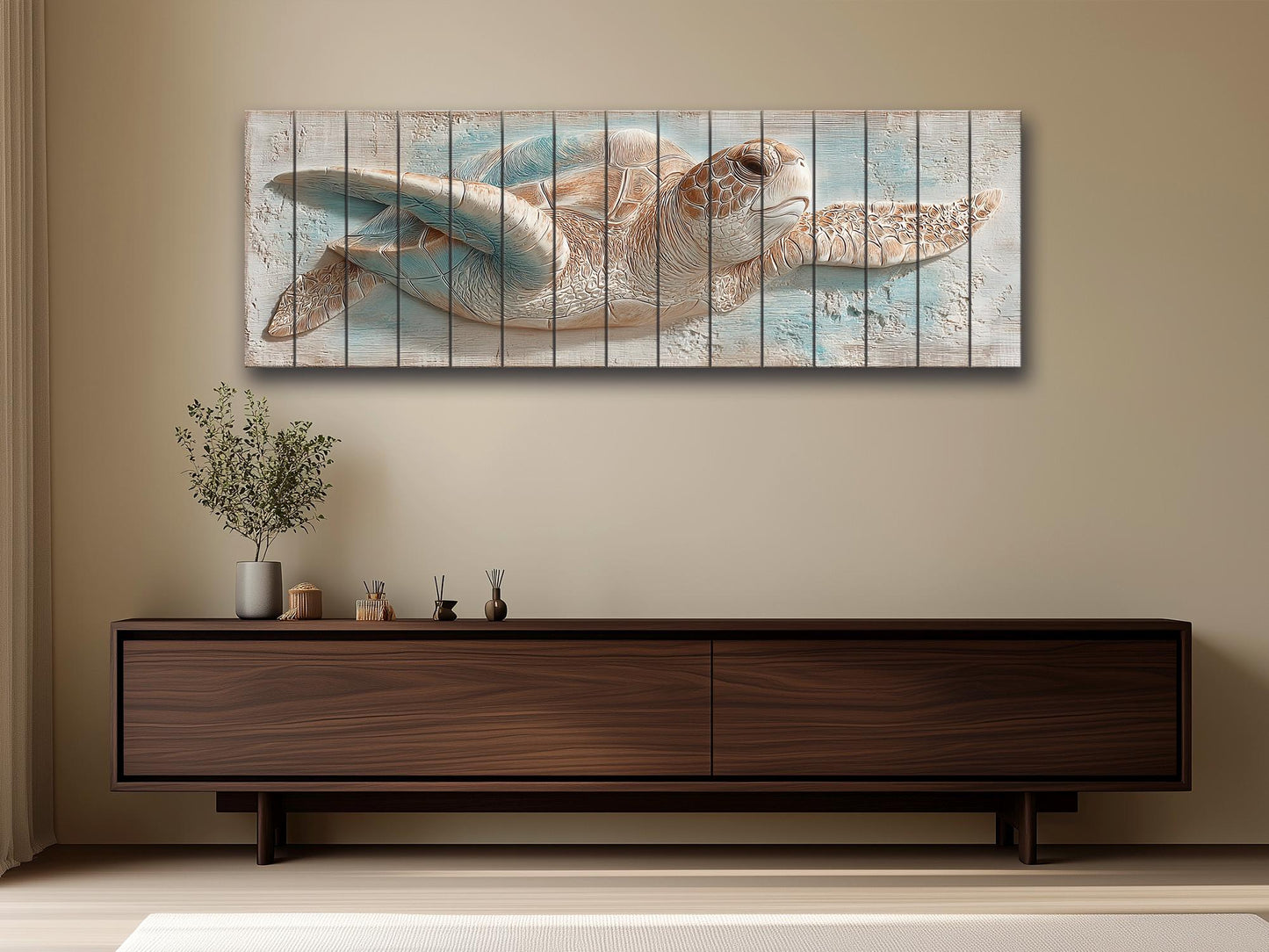 Sea Turtle Wood Art – Rustic Wood Decor | Coastal Ocean Wall Decor with Blue Beige Accents