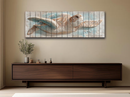 Sea Turtle Wood Art – Rustic Wood Decor | Coastal Ocean Wall Decor with Blue Beige Accents