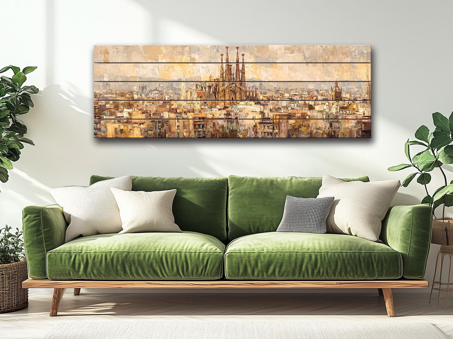 Barcelona Wall Art – Rustic Wood Print Featuring Sagrada Familia Beige & Gold Painting