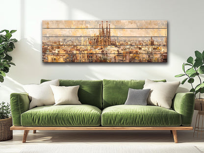 Barcelona Wall Art – Rustic Wood Print Featuring Sagrada Familia Beige & Gold Painting