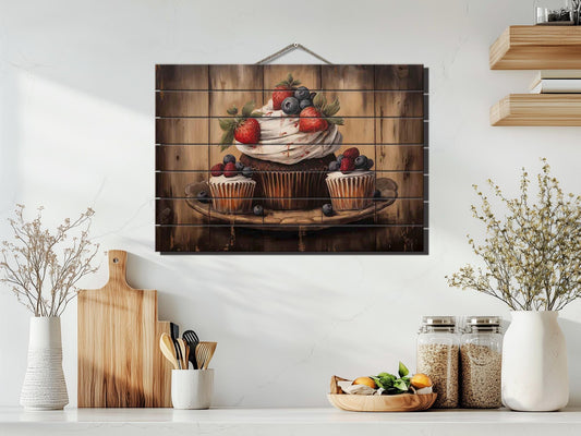 Vintage Cupcake Artwork – Rustic Kitchen Decor | Natural Wood Print, Farmhouse Wall Art