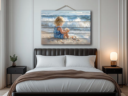 Wood Wall Art – Abstract Beach Wall Decor With Kid Playing on Wood Print
