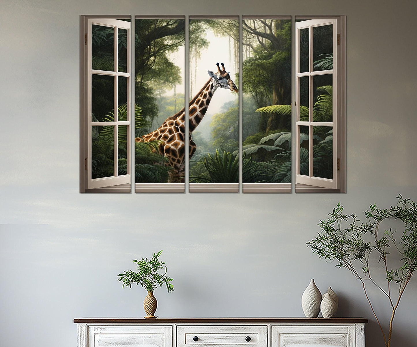 Jungle Window Canvas - African Wall Art Framed Canvas Print With Giraffe View