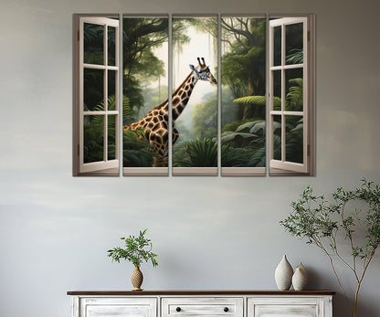 Jungle Window Canvas - African Wall Art Framed Canvas Print With Giraffe View