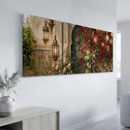 a large, long, rectangular painting hanging on a white wall. The painting depicts a scene with hanging lanterns, a green door, and a flower-filled archway. The overall color palette of the painting is warm, with red and green tones.