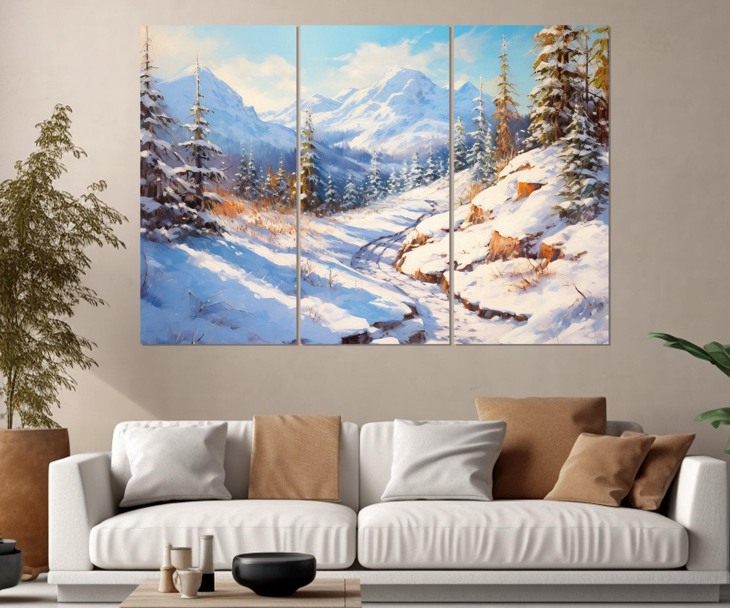 Winter Landscape Canvas Print, Forest and Mountains Painting, Winter Nature Wall Art, Framed and Ready to Hang