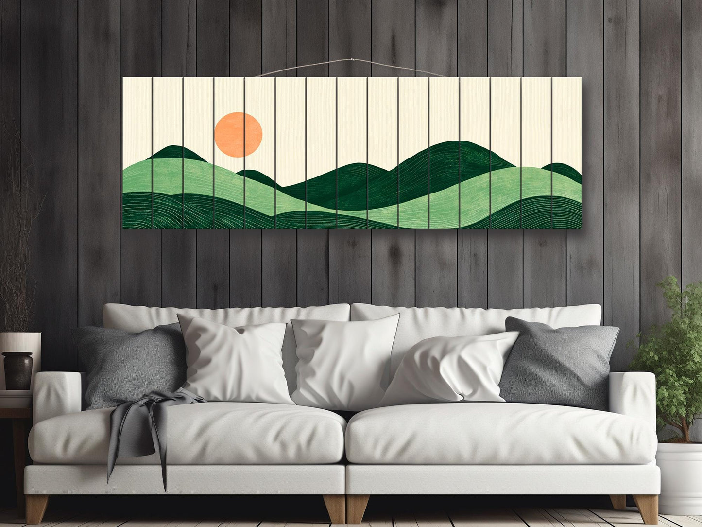 Minimalist Landscape Print on Wood, Boho Hills and Sun Wall Art