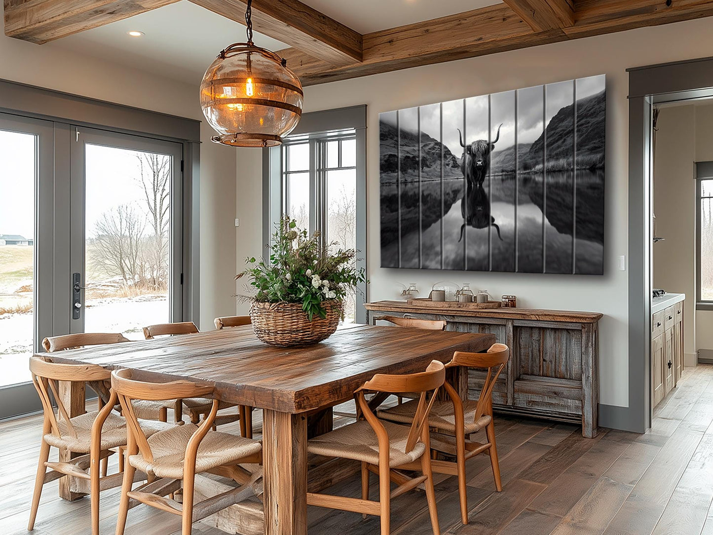 Wood Wall Art | Highland Cow Mountains Print on Natural Wood Planks - Rustic Farmhouse Decor