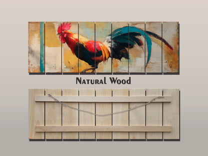 Rustic Rooster Print on Natural Wood, Rooster Painting, Chicken Farm Decor, Farmhouse Wall Decor, Wood Wall Art, Cozy Cabin Wall Decor