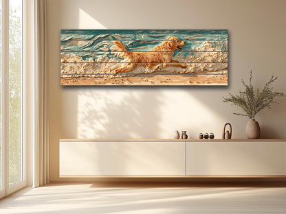 Golden Retriever Wall Art – Rustic Pet Painting on Textured Wood Panel, Cozy Home Decor