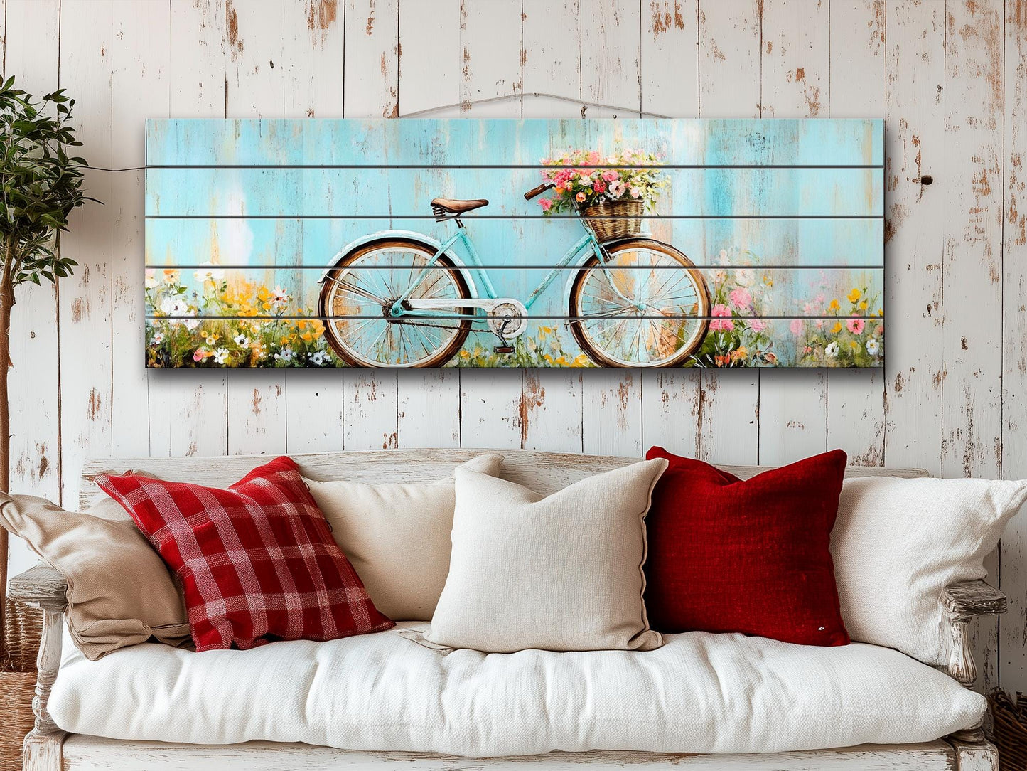 Vintage Bicycle Wall Art – Rustic Floral Print on Natural Wood Plank Art