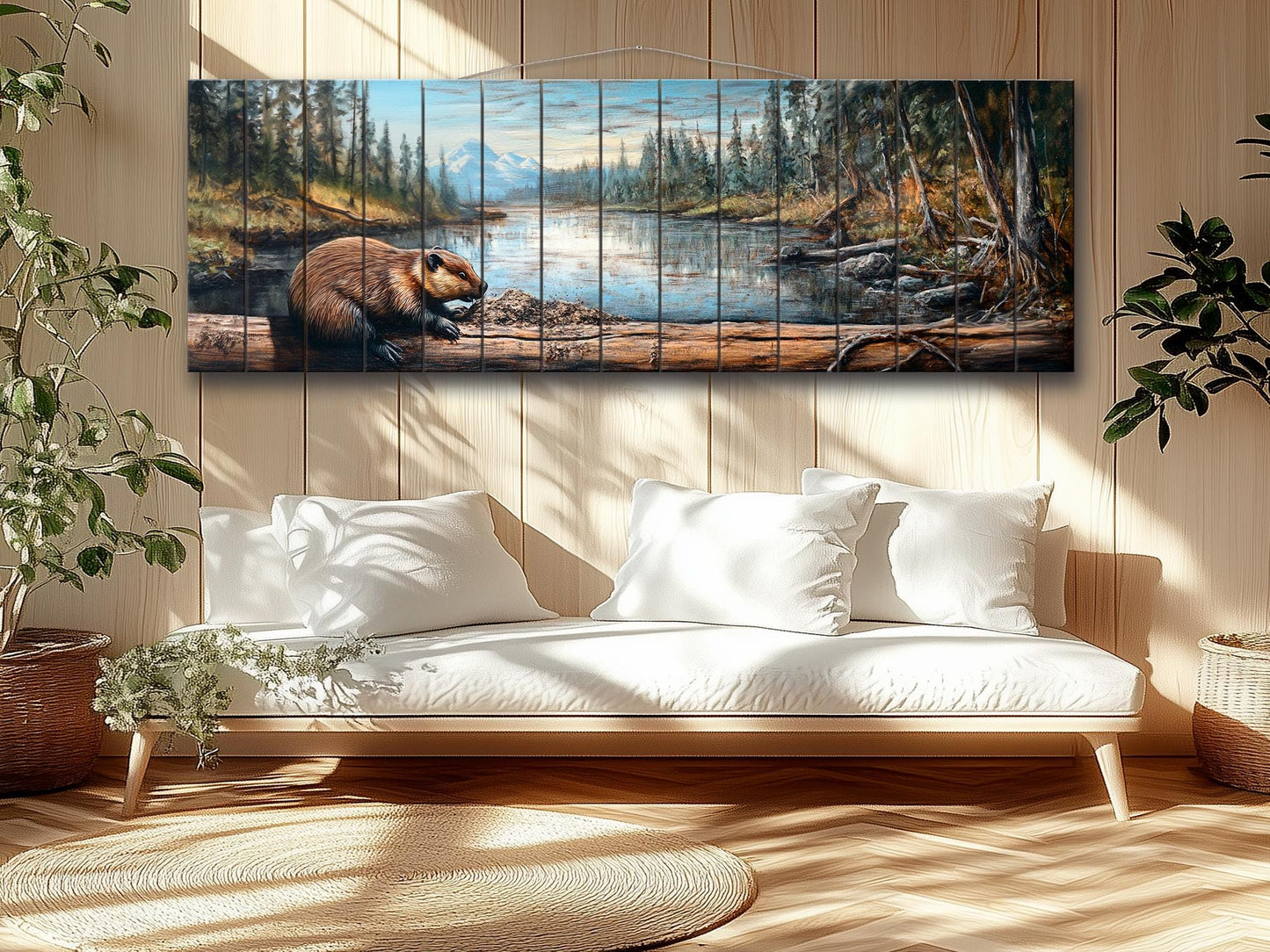Rustic Beaver Building a Dam in Forest Print on Natural Wood, Rustic Forest Wall Art, Forest Landscape Painting, Wood Print, Wood Wall Art