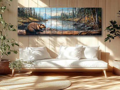 Rustic Beaver Building a Dam in Forest Print on Natural Wood, Rustic Forest Wall Art, Forest Landscape Painting, Wood Print, Wood Wall Art