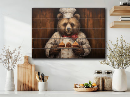 Rustic Bakery Wall Decor – Grizzly Bear Artwork Printed on Natural Wood Panels
