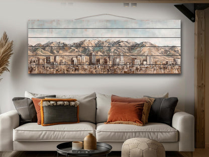 Salt Lake City Wood Print – Rustic Wall Art | Mountain Panoramic Painting On Distressed Wood