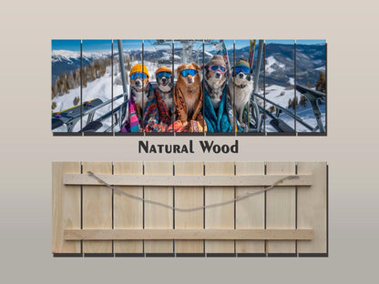 Skiing Dogs Wall Art – Mountain Wood Print | Cozy Winter Cabin Decor
