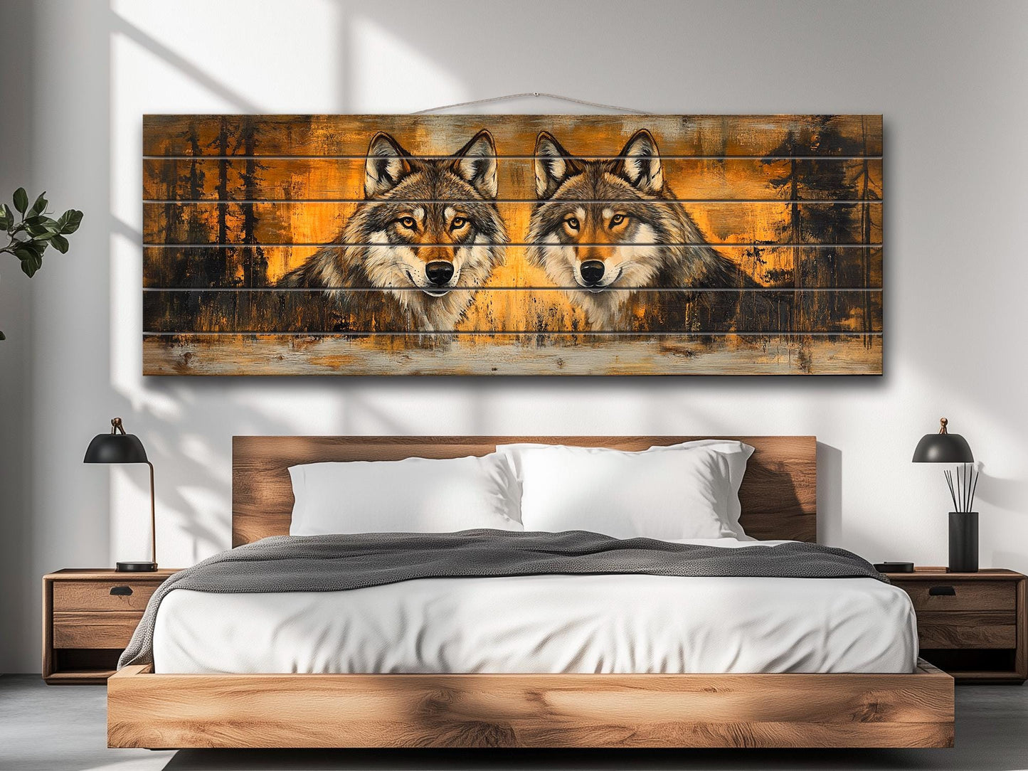 Rustic Wood Wall Art - Wolves Couple Art on Natural Wood Plank Painting