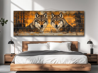 Rustic Wood Wall Art - Wolves Couple Art on Natural Wood Plank Painting