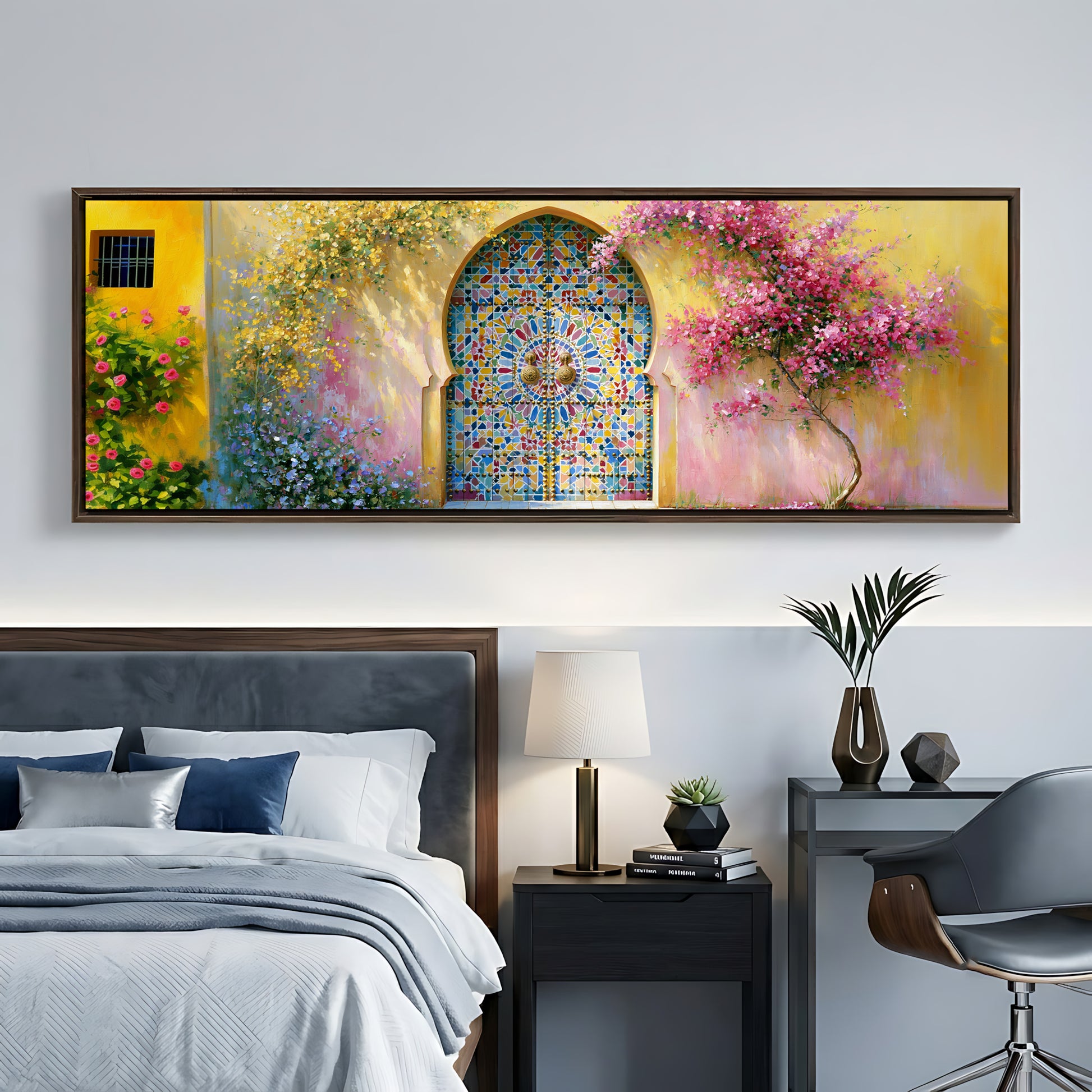 a large, colorful painting of a stained glass window above a bed, with a nightstand and chair in the foreground.