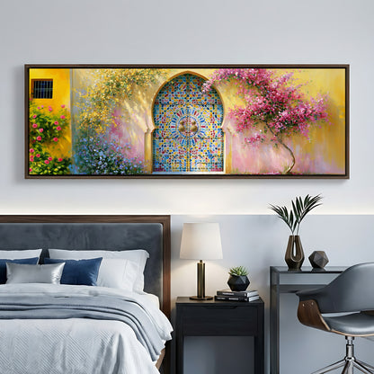 a large, colorful painting of a stained glass window above a bed, with a nightstand and chair in the foreground.