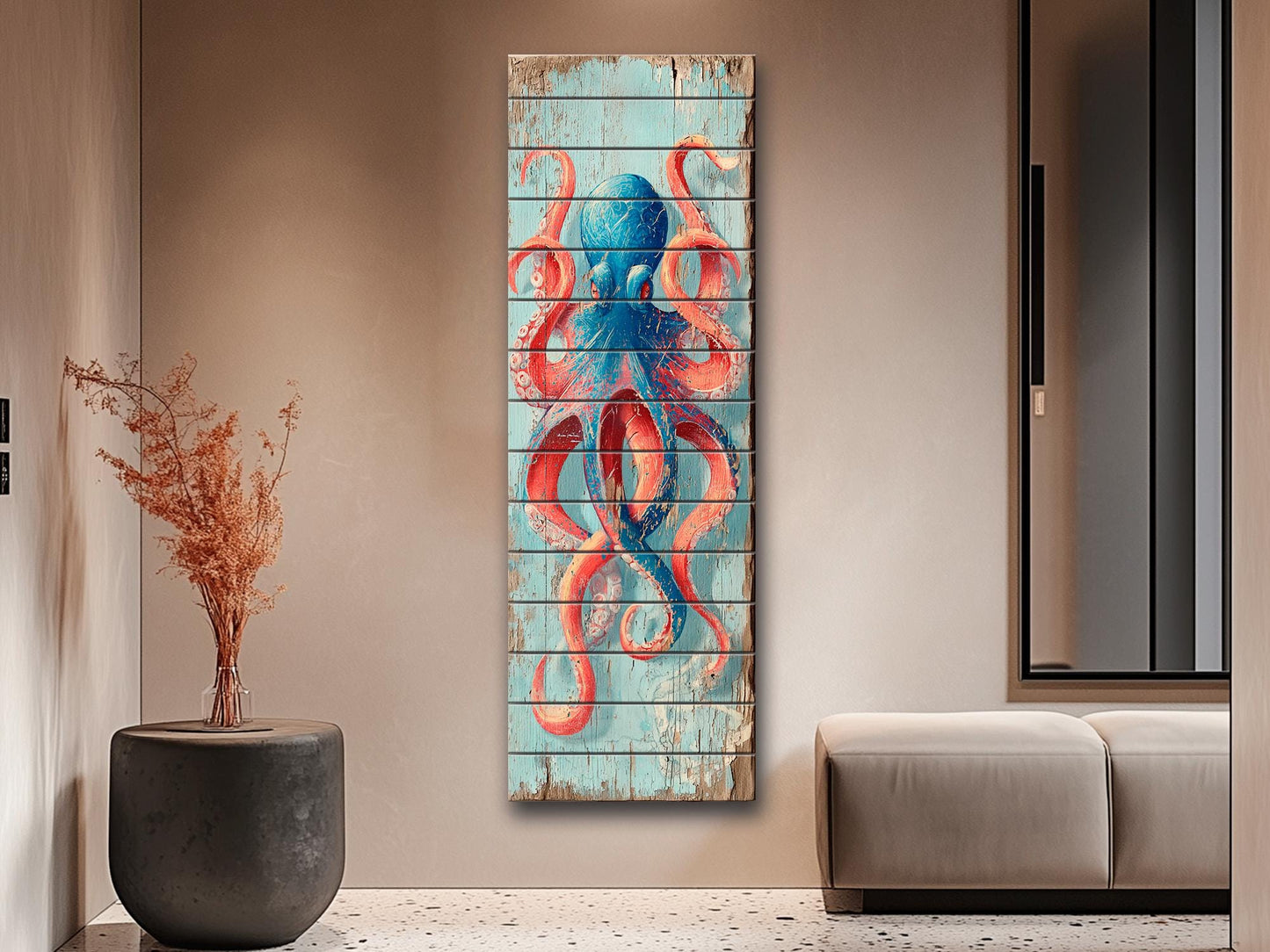Octopus Wood Art – Colorful Nautical Wall Art | Coastal Sea Painting on Natural Wood