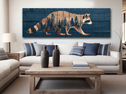 Raccoon Wall Art – Rustic Woodland Forest Silhouette on Natural Wood Planks