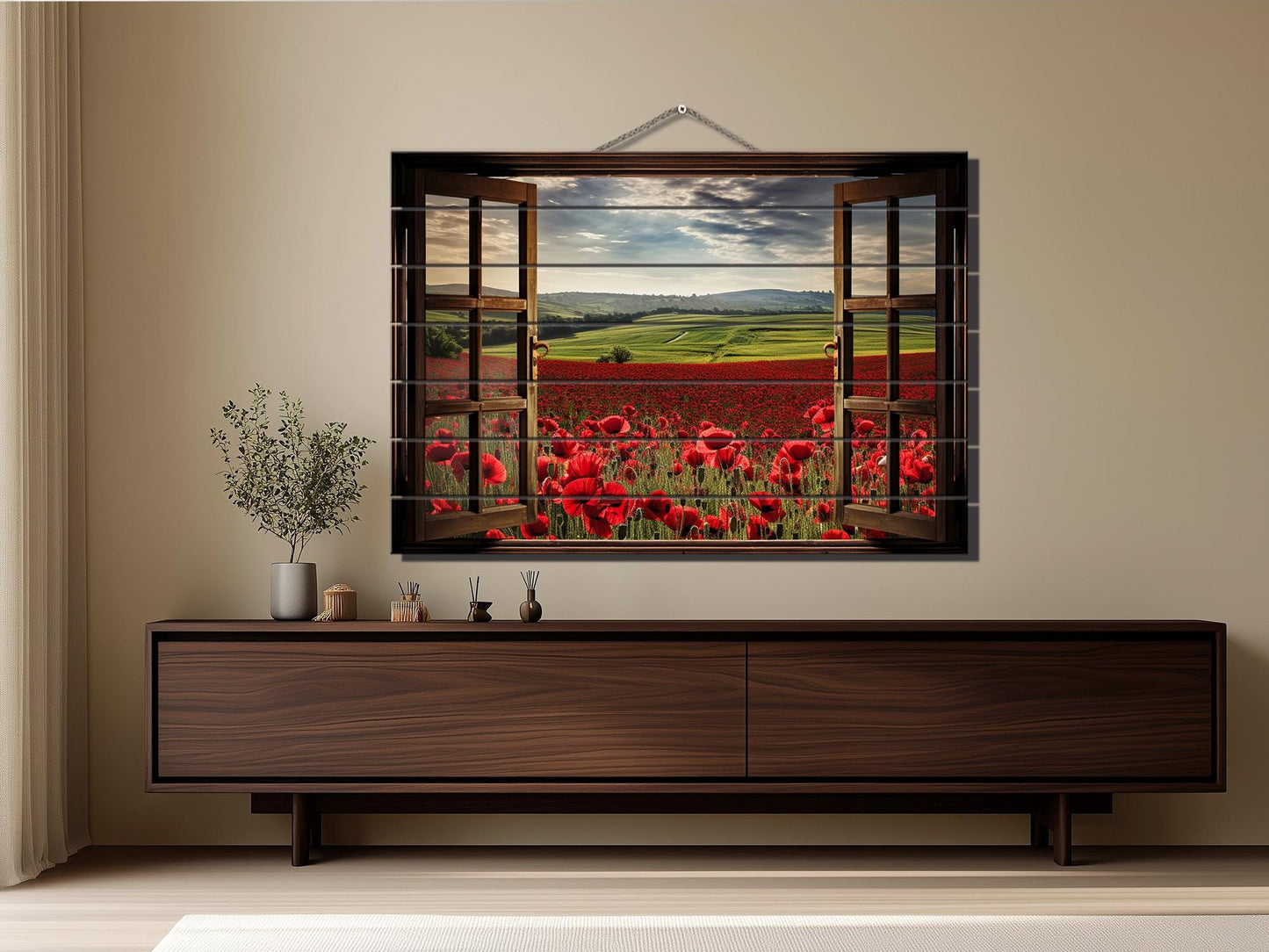 Wood Wall Art – Faux Window Print with Poppy Field Painting | Rustic Farmhouse Decor