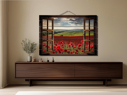 Wood Wall Art – Faux Window Print with Poppy Field Painting | Rustic Farmhouse Decor