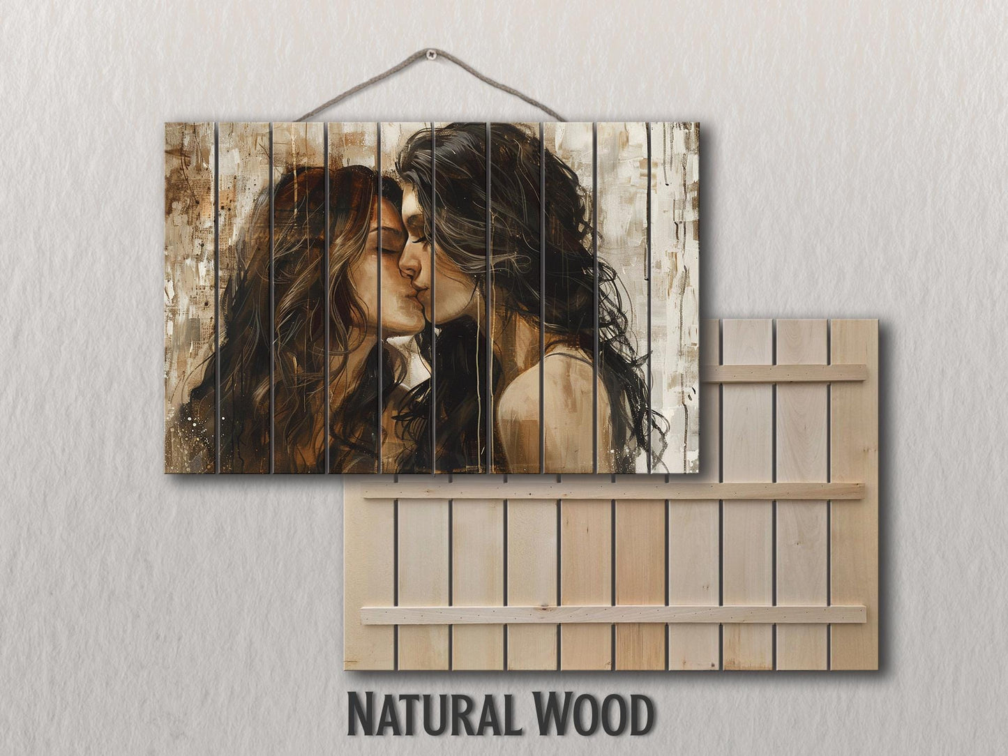 Abstract LGBT Kiss Painting Printed on Natural Wood, Erotic Wall Art, LGBT Sexy Wall Art, Gay Wall Decor, Wood in Interior, Wood Wall Art