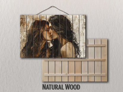 Abstract LGBT Kiss Painting Printed on Natural Wood, Erotic Wall Art, LGBT Sexy Wall Art, Gay Wall Decor, Wood in Interior, Wood Wall Art