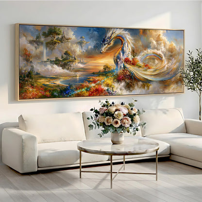a large, colorful painting of a dragon-like creature with a flowing, rainbow-colored tail, set against a landscape with a castle and clouds. The painting is displayed on a wall above a white sofa, and there is a round coffee table in front of the sofa with a vase of flowers on it.
