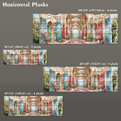 a collection of four different images, each depicting a hallway or corridor with a colorful and intricate design. The images vary in size and orientation, with some being larger than others. The text provides information about the size and dimensions of the images, including the number of planks and the total area in square centimeters.