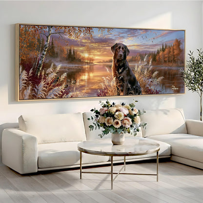 a large painting of a dog sitting in a field with a sunset in the background, accompanied by a vase of flowers on a coffee table in the foreground.