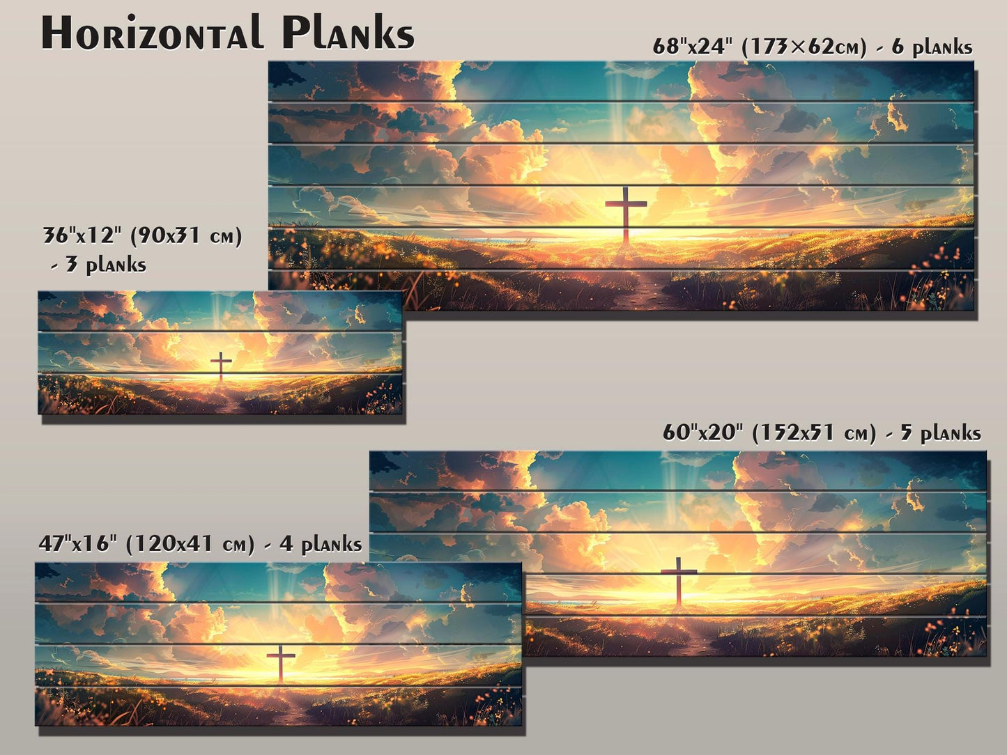 Christian Wood Wall Art – Cross Sunset Painting on Natural Wood Planks | Handcrafted Rustic Farmhouse Decor