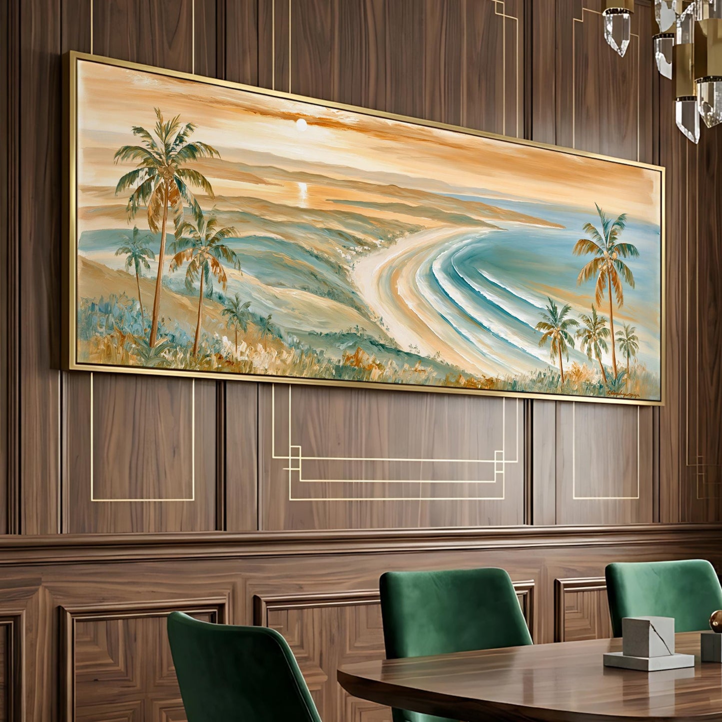 a large painting of a tropical beach scene with palm trees, a sunset, and a body of water. The painting is displayed on a wooden wall above a dining table with green chairs.