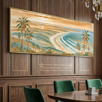 a large painting of a tropical beach scene with palm trees, a sunset, and a body of water. The painting is displayed on a wooden wall above a dining table with green chairs.