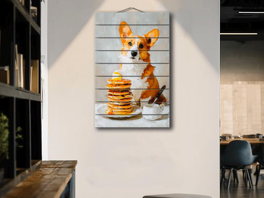 Wood Wall Art - Corgi Pancake Print | Rustic Wood Decor, Minimalist Dog Art