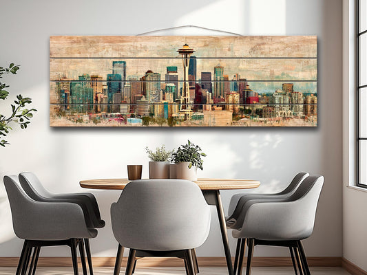 Seattle Skyline Wood Print – Rustic Wall Art With Vintage Cityscape Decor