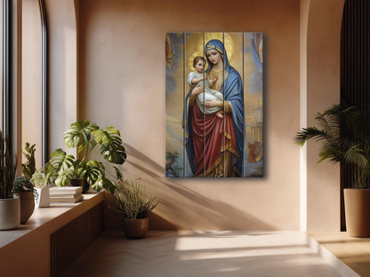 Virgin Mary Wall Art – Natural Wood Plank Art | Christian Wall Decor Print