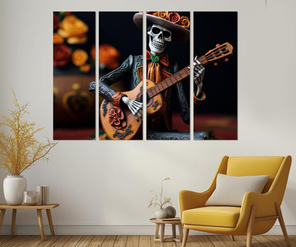 Skeleton Guitar Canvas – Framed Canvas Print | Day of the Dead Wall Art Decor
