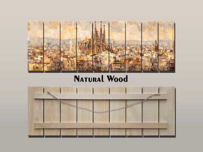 Barcelona Wall Art – Rustic Wood Print Featuring Sagrada Familia Beige & Gold Painting