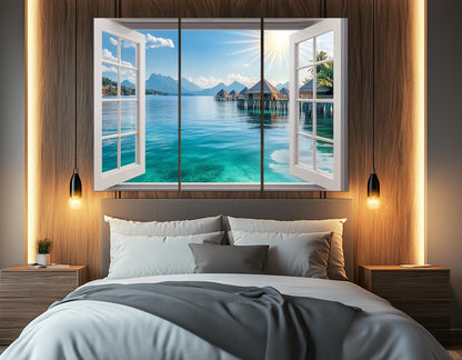 Maldives Canvas Print – Open Window View with Maldives Bungalows | Ready to Hang Framed Art