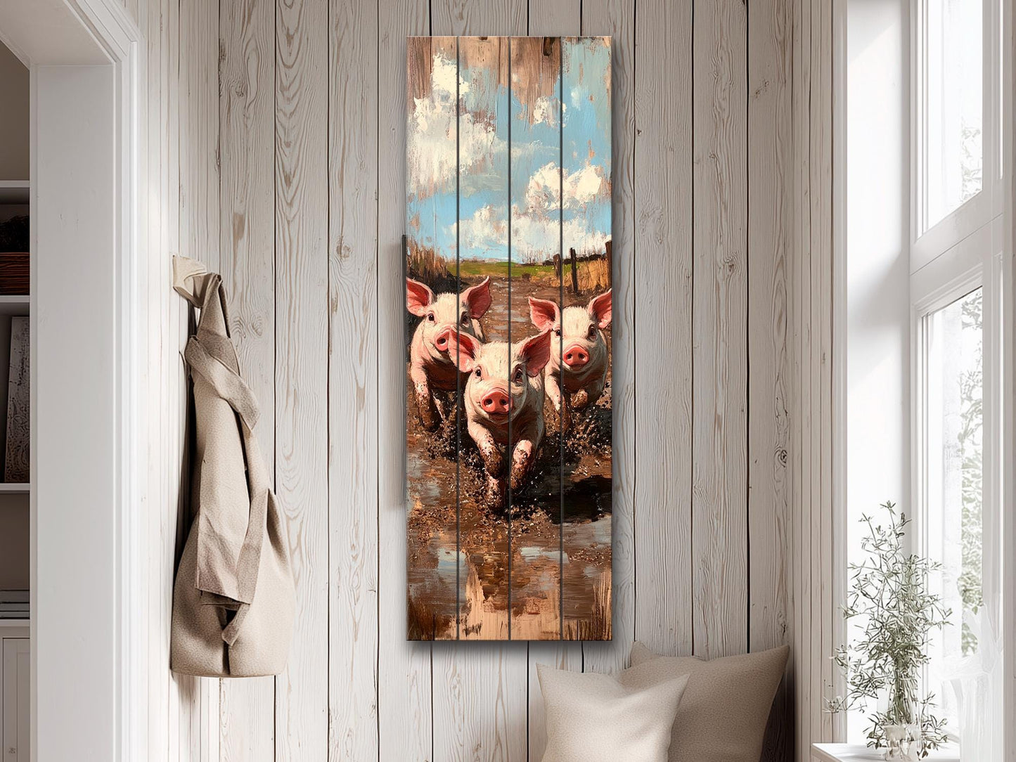 Wood Wall Art – Piglet Painting Print on Wood – Playful Farm Animal Wall Decor – Rustic Wood Print for Country Homes