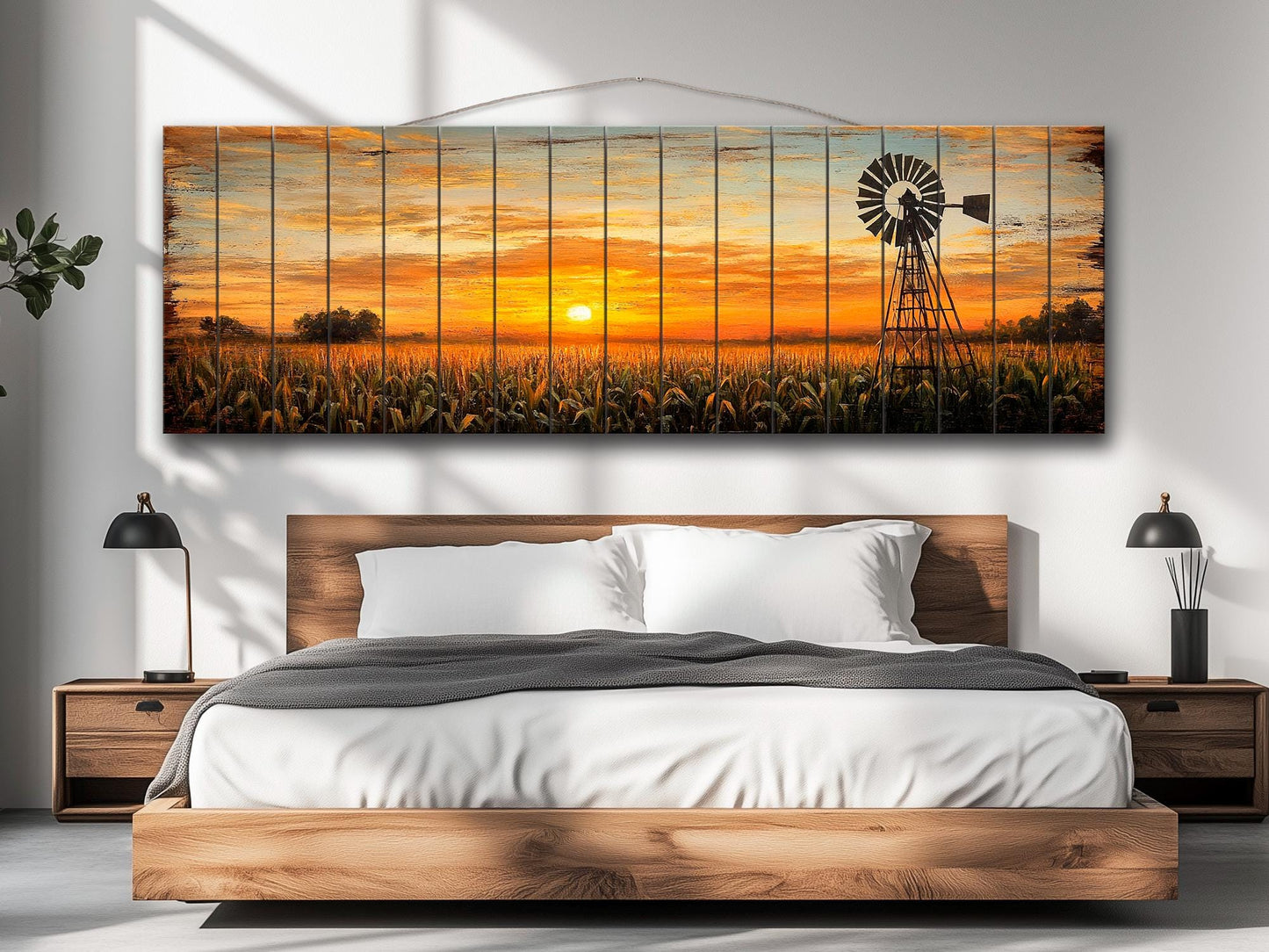Rustic Wood Print | Abstract Sunset Cornfield Wall Art - Farmhouse Decor