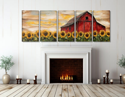 Rustic Farmhouse Wall Art – Sunflower Canvas Print with Old Barn Framed Canvas
