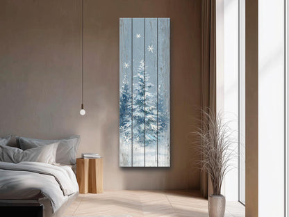 Rustic Wall Art – Snowy Forest Print on Wood Plank | Natural Wood Decor